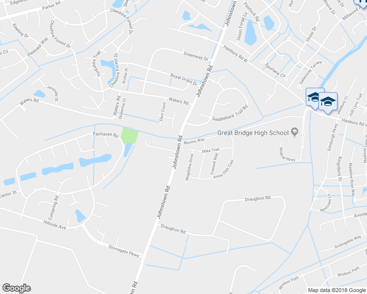 map of restaurants, bars, coffee shops, grocery stores, and more near 456 Mike Trail in Chesapeake