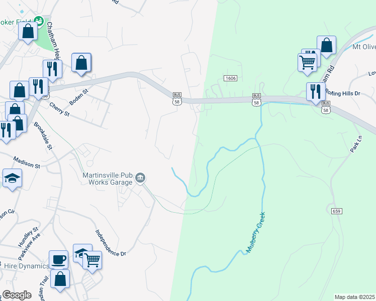 map of restaurants, bars, coffee shops, grocery stores, and more near 220 Cabell St in Martinsville