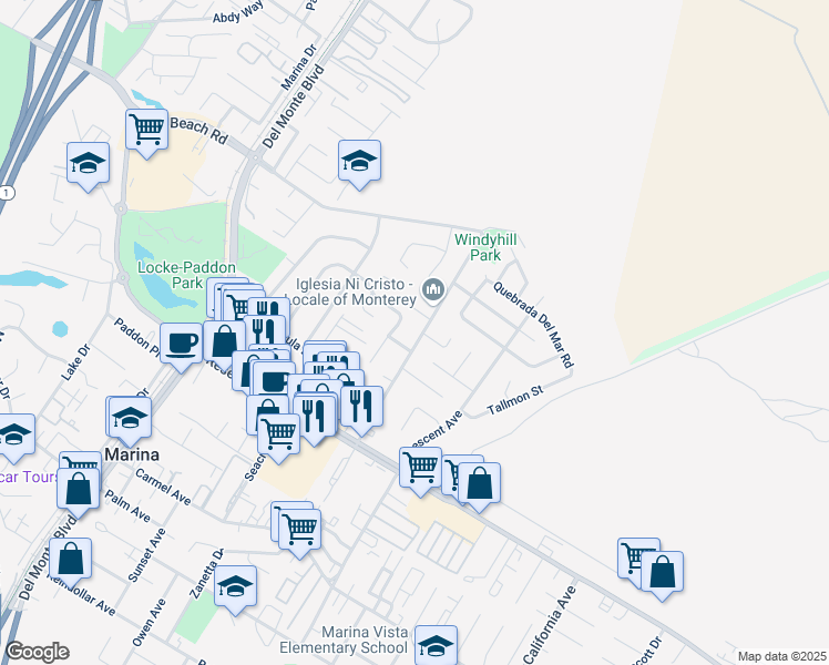 map of restaurants, bars, coffee shops, grocery stores, and more near 3207 De Forest Road in Marina