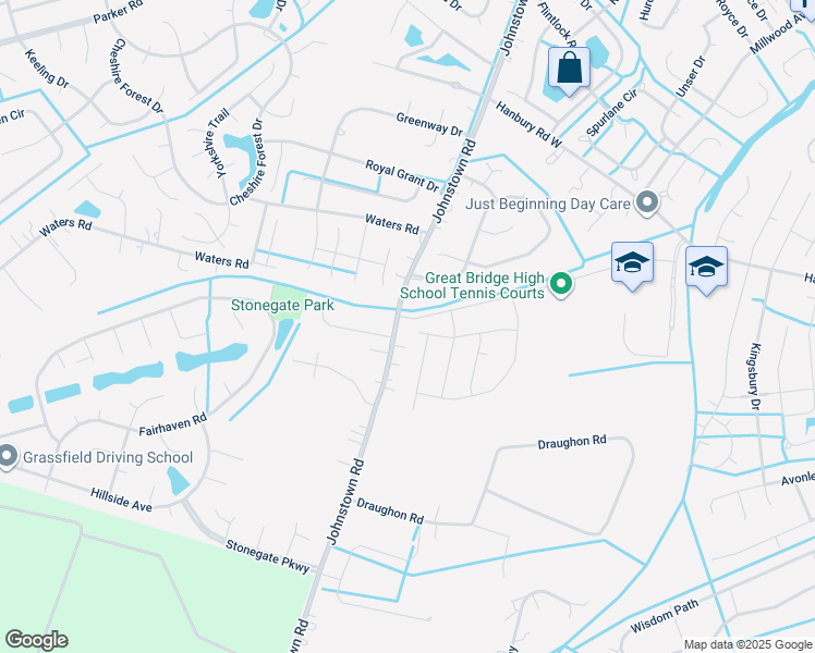 map of restaurants, bars, coffee shops, grocery stores, and more near 456 Mike Trail in Chesapeake