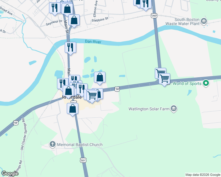 map of restaurants, bars, coffee shops, grocery stores, and more near 1079 Bill Tuck Highway in South Boston