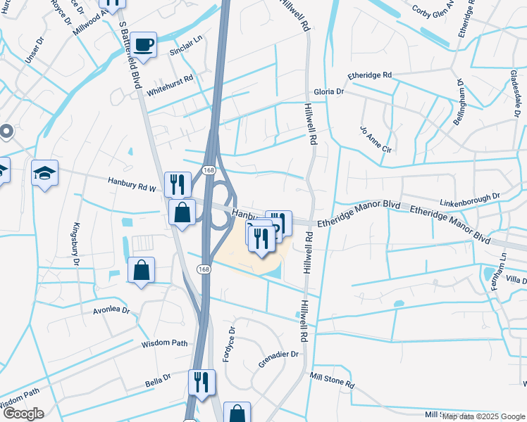 map of restaurants, bars, coffee shops, grocery stores, and more near Benson Ln in Chesapeake
