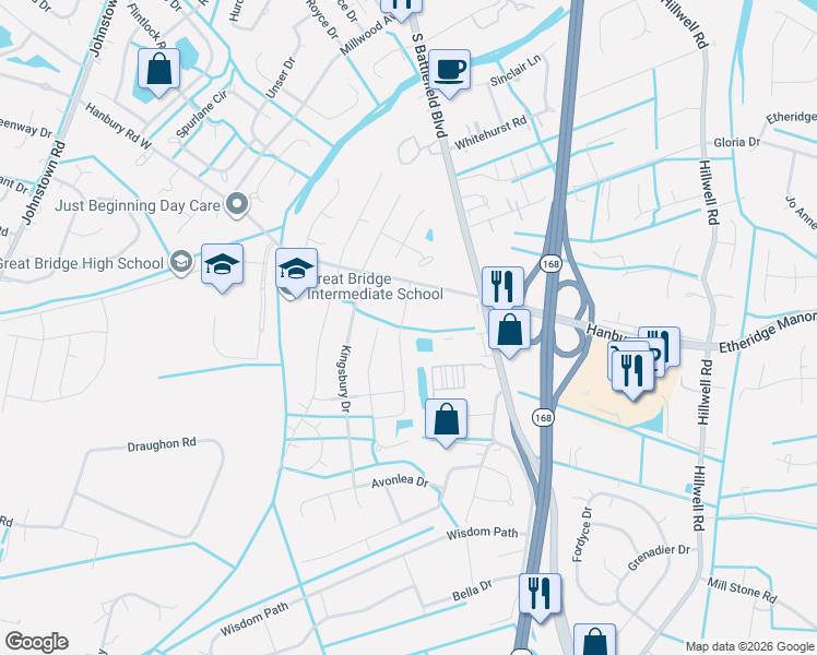 map of restaurants, bars, coffee shops, grocery stores, and more near 131 Hanbury Road West in Chesapeake