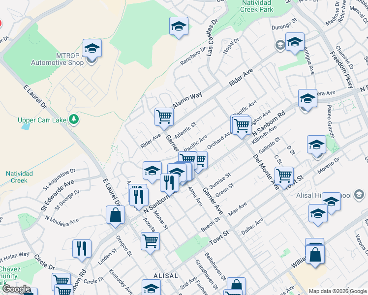 map of restaurants, bars, coffee shops, grocery stores, and more near 1029 Pacific Avenue in Salinas