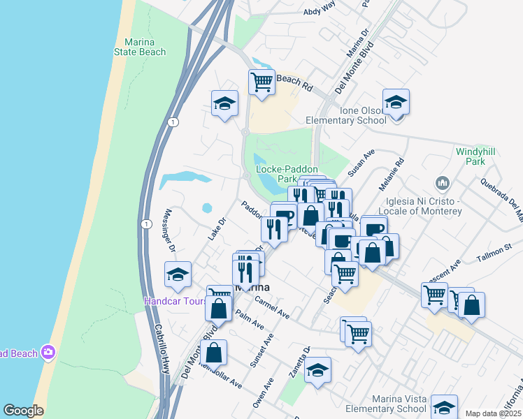 map of restaurants, bars, coffee shops, grocery stores, and more near 183 Paddon Place in Marina