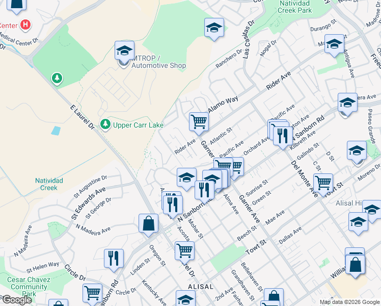 map of restaurants, bars, coffee shops, grocery stores, and more near 800 Elm Drive in Salinas
