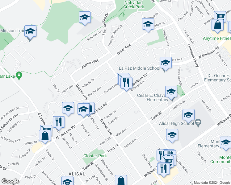 map of restaurants, bars, coffee shops, grocery stores, and more near 1119 North Sanborn Road in Salinas