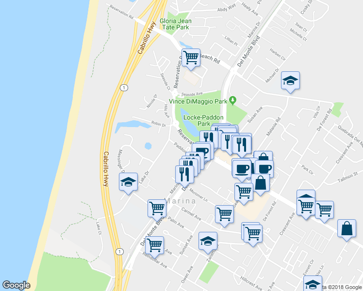 map of restaurants, bars, coffee shops, grocery stores, and more near 183 Paddon Place in Marina