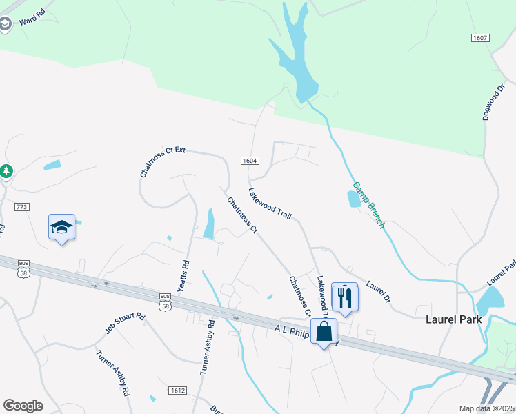 map of restaurants, bars, coffee shops, grocery stores, and more near 551 Lakewood Trail in Martinsville
