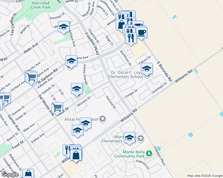 map of restaurants, bars, coffee shops, grocery stores, and more near 1096 Eagle Drive in Salinas