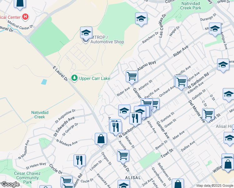 map of restaurants, bars, coffee shops, grocery stores, and more near 783 Gee Street in Salinas