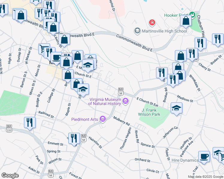 map of restaurants, bars, coffee shops, grocery stores, and more near 324 East Church Street in Martinsville