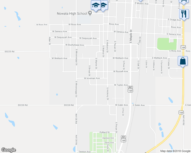 map of restaurants, bars, coffee shops, grocery stores, and more near 604 West Ironman Avenue in Nowata