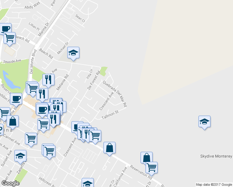 map of restaurants, bars, coffee shops, grocery stores, and more near 312 Quebrada Del Mar Road in Marina