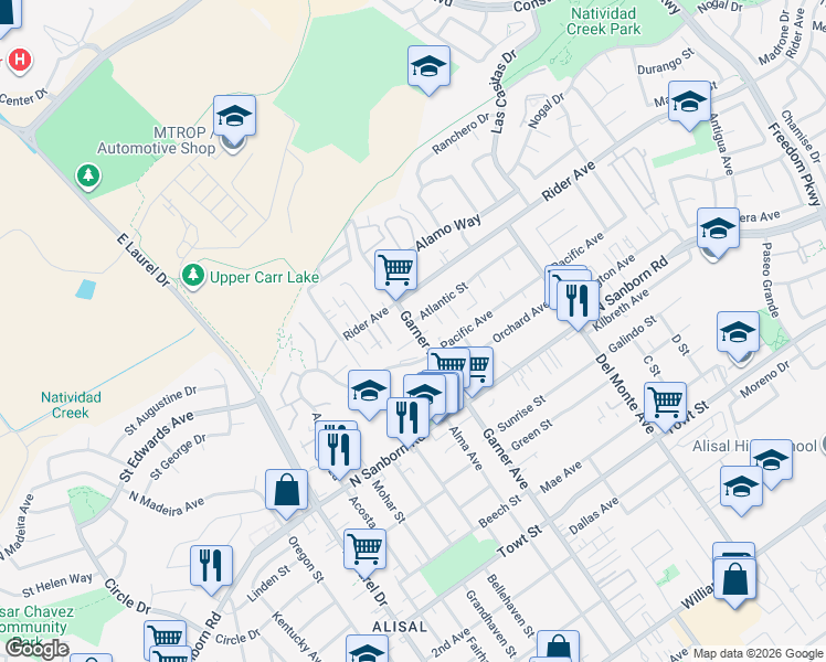 map of restaurants, bars, coffee shops, grocery stores, and more near 821 Garner Avenue in Salinas