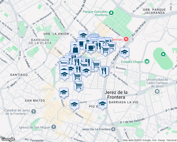 map of restaurants, bars, coffee shops, grocery stores, and more near 35 Calle Zaragoza in Jerez