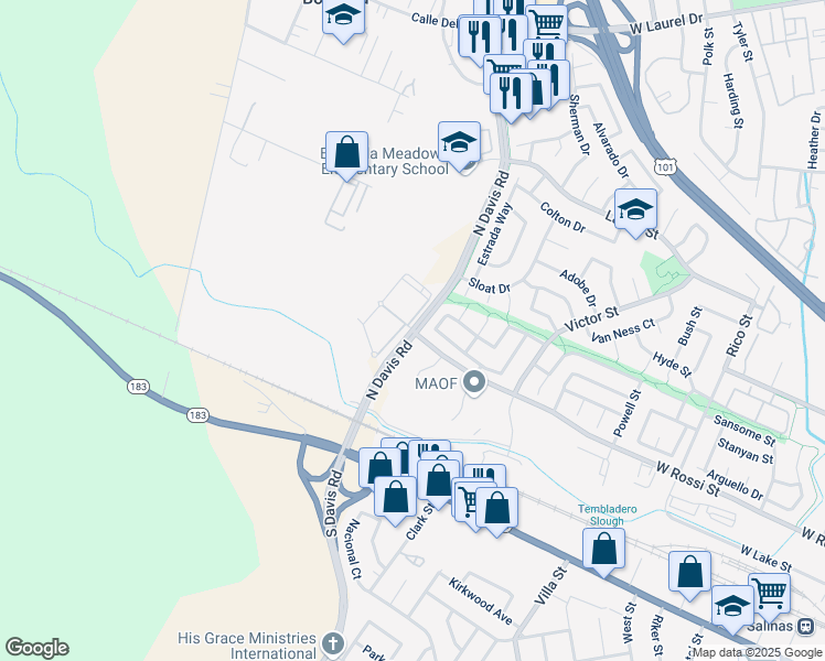 map of restaurants, bars, coffee shops, grocery stores, and more near N Davis Rd & W Rossi St in Salinas
