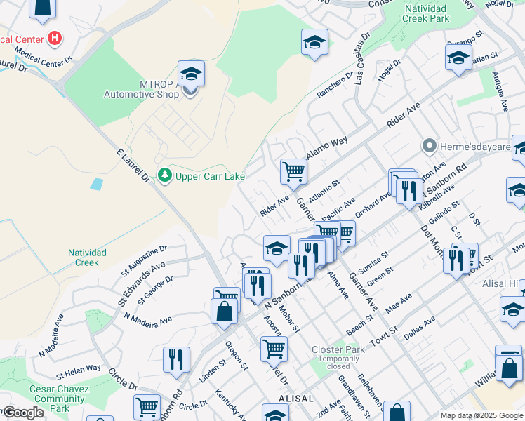 map of restaurants, bars, coffee shops, grocery stores, and more near 903 Rider Avenue in Salinas