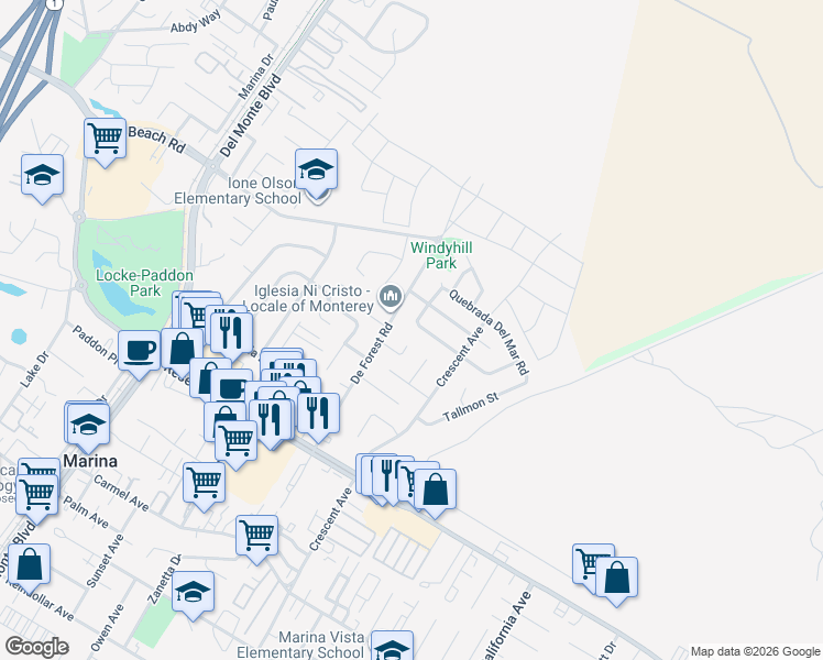 map of restaurants, bars, coffee shops, grocery stores, and more near 290 Sirena Del Mar Rd in Marina