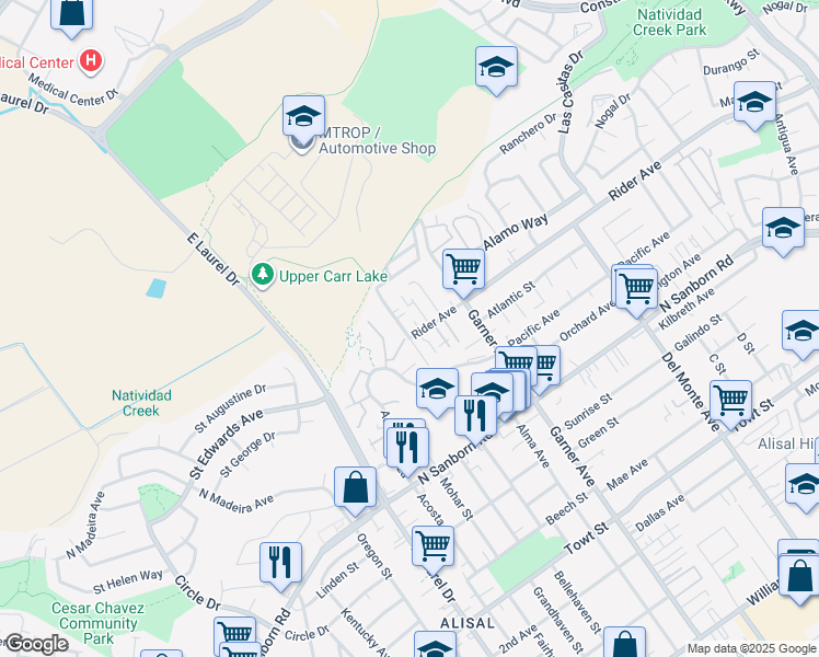 map of restaurants, bars, coffee shops, grocery stores, and more near 783 Gee Street in Salinas