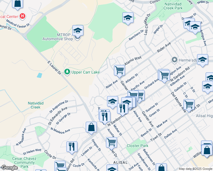 map of restaurants, bars, coffee shops, grocery stores, and more near 903 Rider Avenue in Salinas