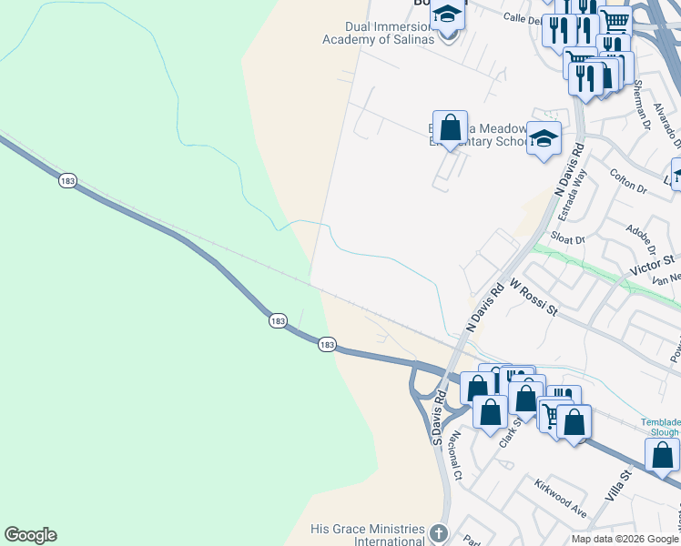 map of restaurants, bars, coffee shops, grocery stores, and more near 12 Boronda Road in Salinas