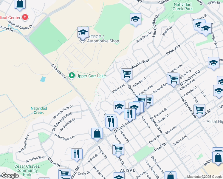 map of restaurants, bars, coffee shops, grocery stores, and more near 783 Gee Street in Salinas