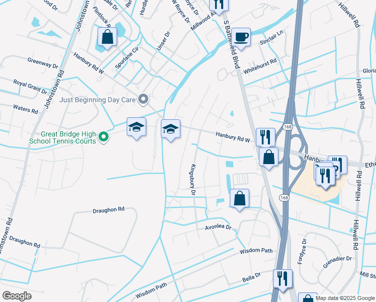 map of restaurants, bars, coffee shops, grocery stores, and more near 1121 Edinburgh Parkway in Chesapeake