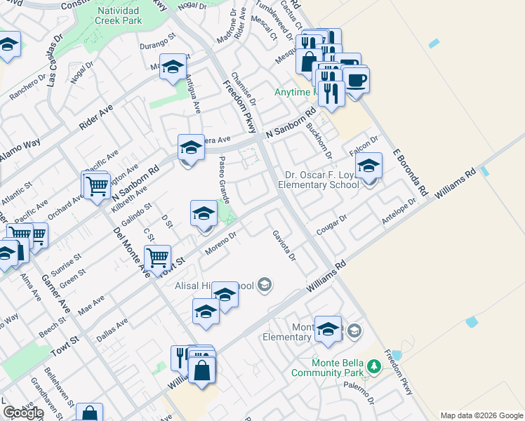 map of restaurants, bars, coffee shops, grocery stores, and more near 1311 Cachuma Court in Salinas