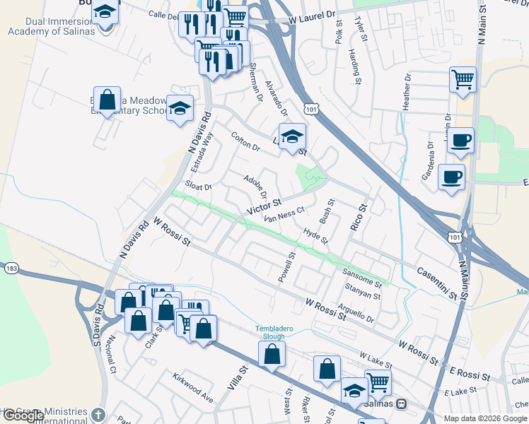 map of restaurants, bars, coffee shops, grocery stores, and more near 800 Victor Street in Salinas