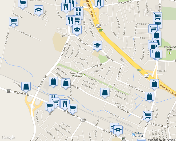 map of restaurants, bars, coffee shops, grocery stores, and more near 800 Victor St in Salinas