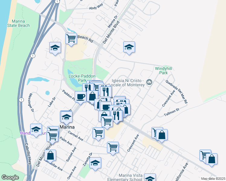 map of restaurants, bars, coffee shops, grocery stores, and more near 3188 Vista Del Camino Circle in Marina