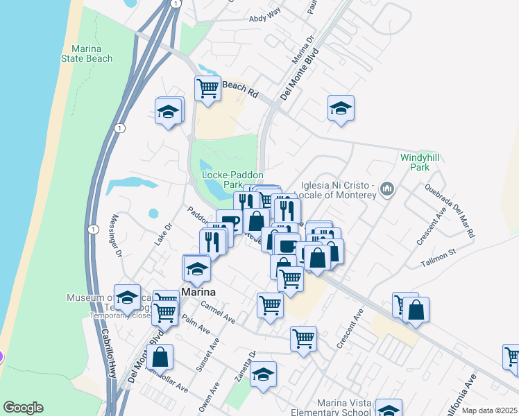 map of restaurants, bars, coffee shops, grocery stores, and more near 3172 Del Monte Boulevard in Marina