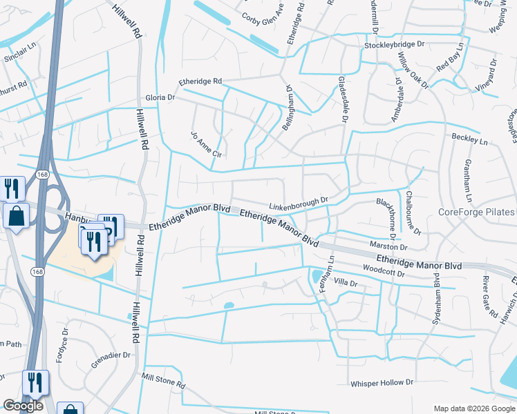 map of restaurants, bars, coffee shops, grocery stores, and more near 409 Linkenborough Drive in Chesapeake
