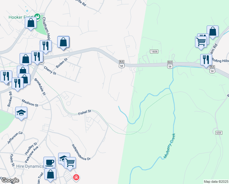 map of restaurants, bars, coffee shops, grocery stores, and more near 100-598 Blue Ridge Street in Martinsville