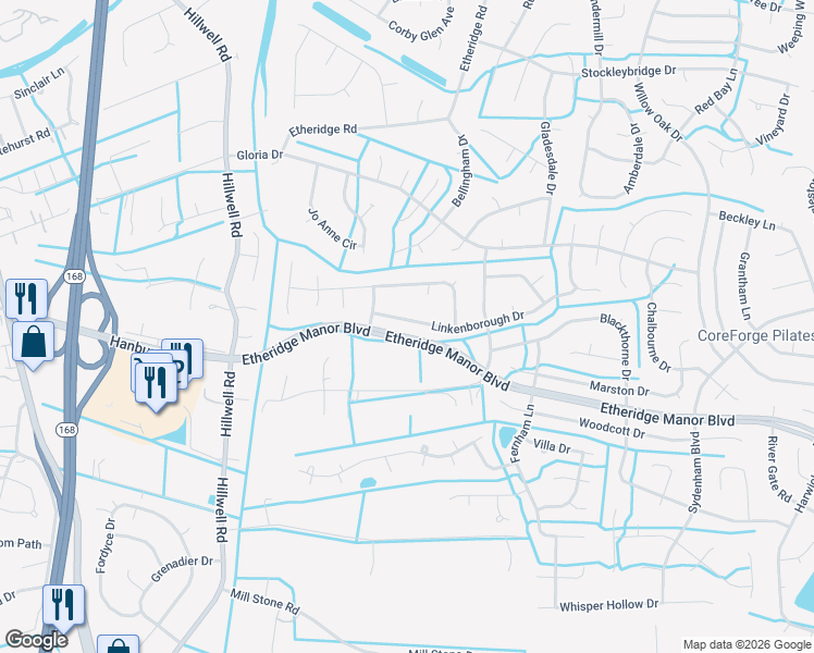 map of restaurants, bars, coffee shops, grocery stores, and more near 409 Linkenborough Drive in Chesapeake
