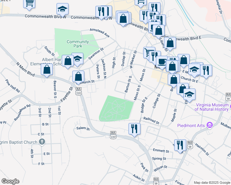 map of restaurants, bars, coffee shops, grocery stores, and more near 213 Holt Street in Martinsville