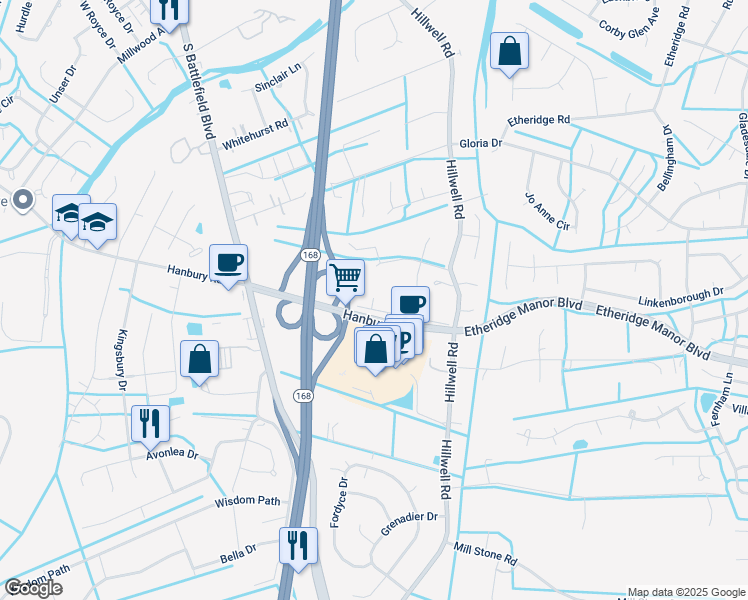 map of restaurants, bars, coffee shops, grocery stores, and more near Benson Ln in Chesapeake