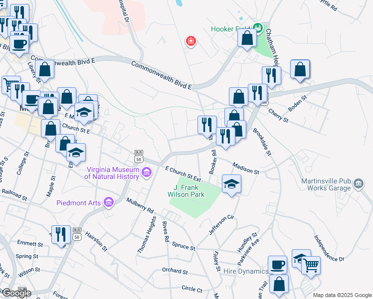 map of restaurants, bars, coffee shops, grocery stores, and more near 615 East Church Street in Martinsville