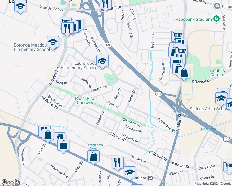 map of restaurants, bars, coffee shops, grocery stores, and more near 356 Bush Street in Salinas