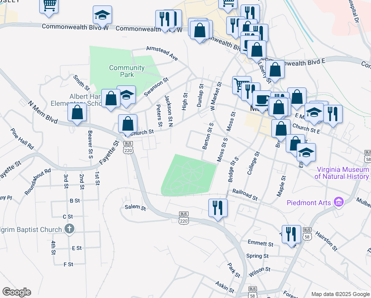 map of restaurants, bars, coffee shops, grocery stores, and more near 213 Lot Holt Street in Martinsville