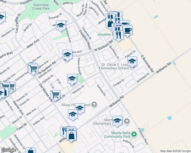 map of restaurants, bars, coffee shops, grocery stores, and more near 1311 Cachuma Court in Salinas