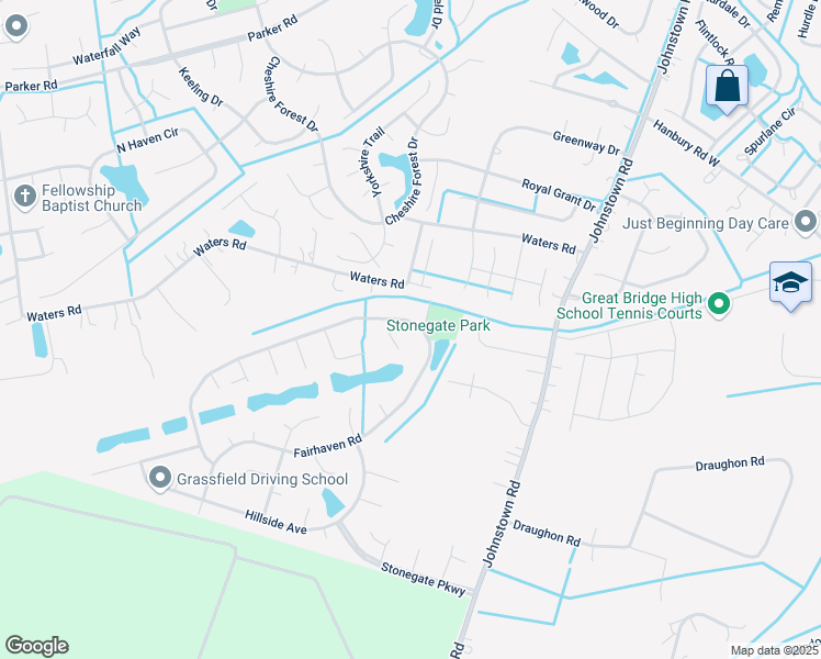 map of restaurants, bars, coffee shops, grocery stores, and more near 1073 Fairhaven Road in Chesapeake