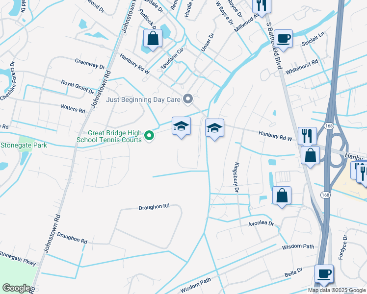map of restaurants, bars, coffee shops, grocery stores, and more near 301 Hanbury Road West in Chesapeake
