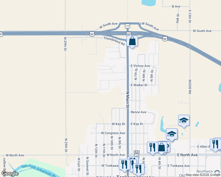 map of restaurants, bars, coffee shops, grocery stores, and more near 908 North 10th Street in Tonkawa