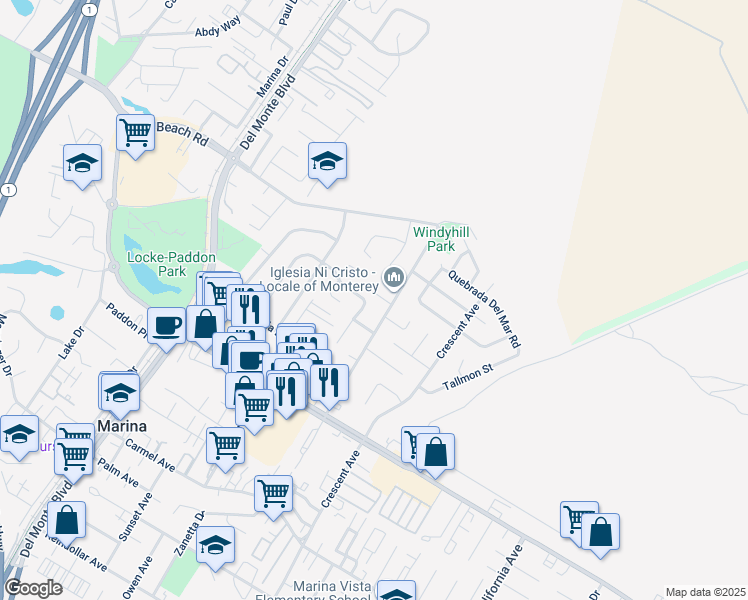 map of restaurants, bars, coffee shops, grocery stores, and more near 3237 Vista Del Camino Circle in Marina