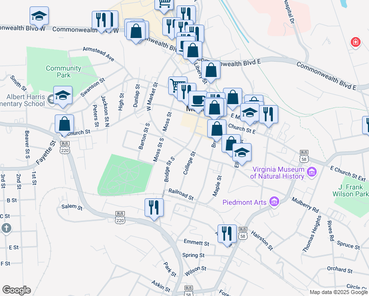 map of restaurants, bars, coffee shops, grocery stores, and more near 100 Bridge Street South in Martinsville