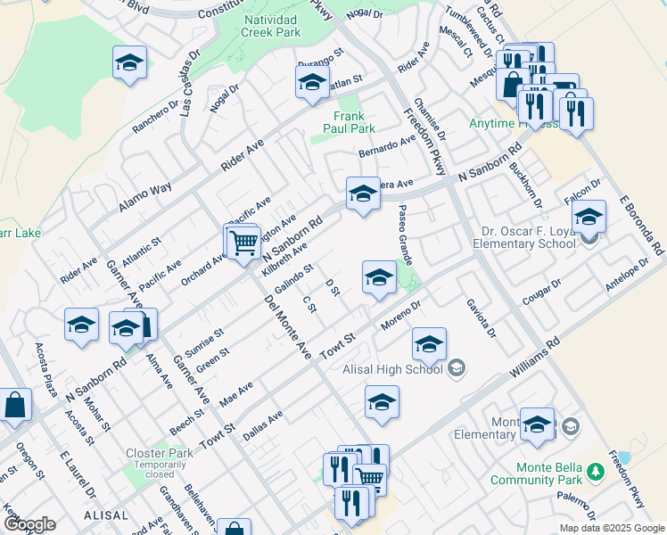 map of restaurants, bars, coffee shops, grocery stores, and more near 770 Josephine Street in Salinas