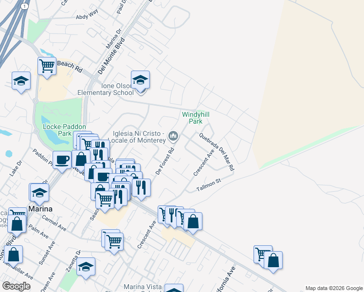 map of restaurants, bars, coffee shops, grocery stores, and more near 290 Sirena Del Mar Road in Marina