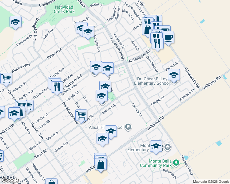 map of restaurants, bars, coffee shops, grocery stores, and more near 1135 Paseo Grande in Salinas